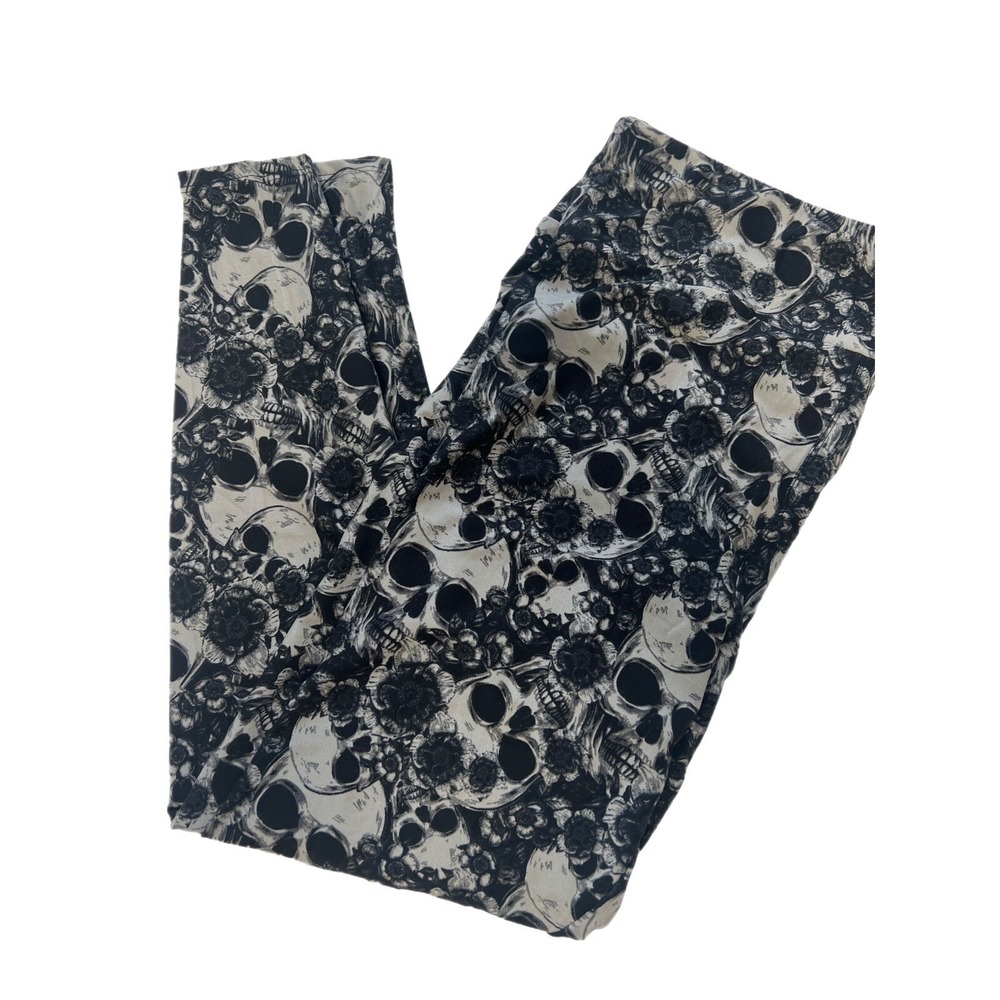 TC2 Lularoe Leggings Halloween Floral Skull Black Gray Fits 18/24 RARE